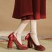 Women's Shoes Fairy Style Small High Heels For Women Thick Heels Red Square Toe Shallow Mouth Comfortable Single Shoes_vogvips.com