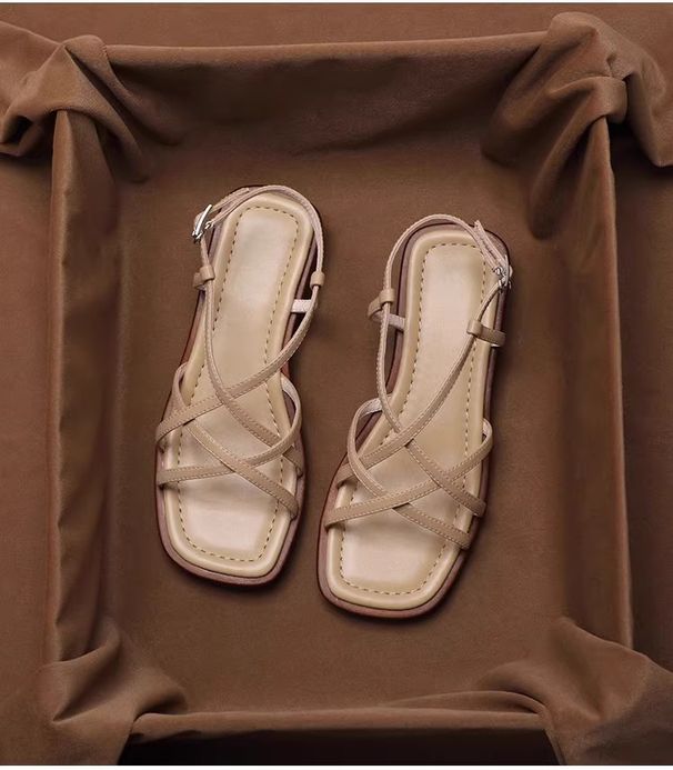 Vintage Fashion Cross Strap Genuine Leather Open Toe Sandals For Women Summer 2024 New Comfortable Flat Roman Shoes_vogvips.com