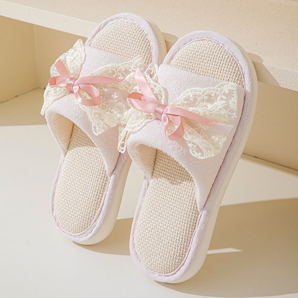 Cross-border Lace Bow Linen Slippers Summer Household Indoor Cool Slippers European And American Cotton And Linen Cool Slippers Women_vogvips.com