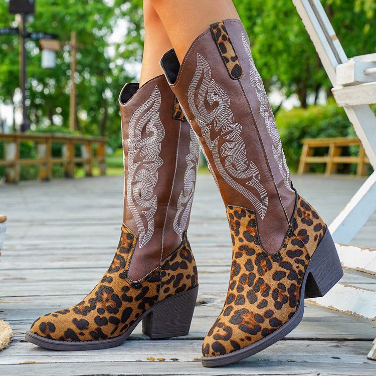 Women's Shoes Large Size Leopard Print Thick Heel High Top Cotton Boots Women Autumn And Winter New Embroidered High Top Fashion Snow Boots_vogvips.com