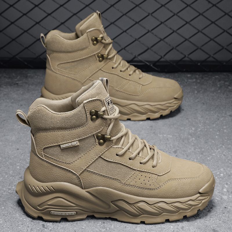 Men's Casual High-Top Martin Boots - British Style Work Boots With Shock Absorption, Round Toe & Lace-Up Design For Winter (Black/Khaki)_vogvips.com