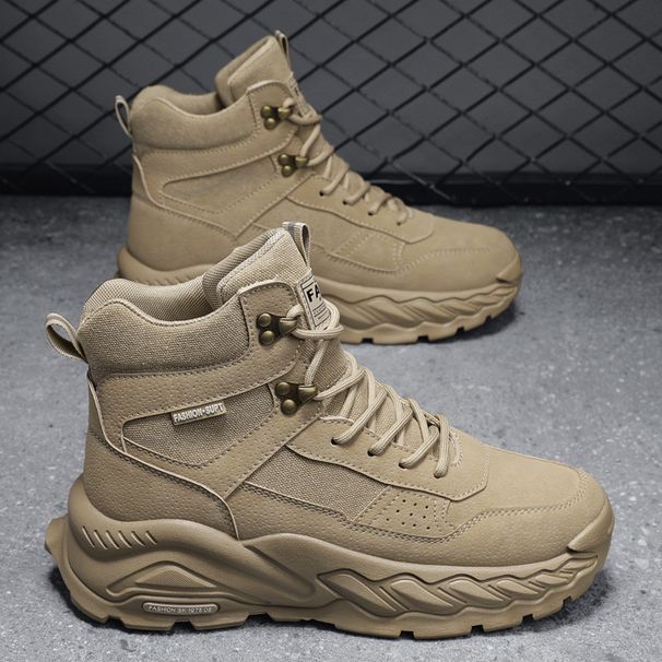 Men's Casual High-Top Martin Boots - British Style Work Boots With Shock Absorption, Round Toe & Lace-Up Design For Winter (Black/Khaki)_vogvips.com
