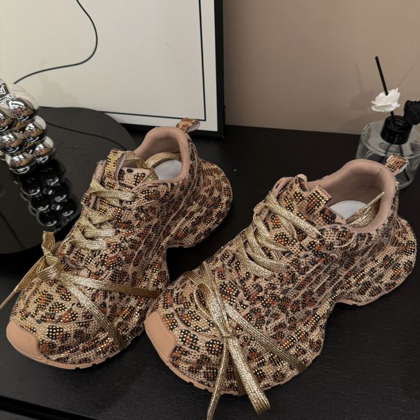 Women S Fashion Sneakers With Rhinestones Leopard Print Round Toe Platform Shoes For Casual Wear Light Luxury Design_vogvips.com
