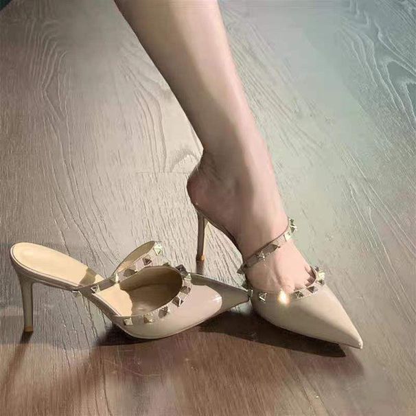 European American Sexy Pointed-toe Studded Mules Women, Versatile For Outdoor Wear, 2025 New Model With Thin Heel And_vogvips.com