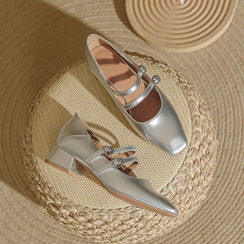 French Mary Jane Shoes New Style Square Toe Low Heel Single Shoes One Word Buckle Flat Toe Retro High Heels Thick Heel_vogvips.com