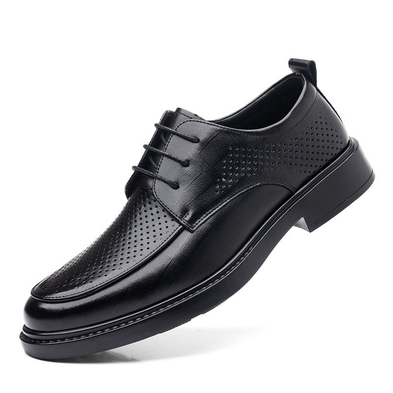 Men's Breathable Leather Low-top Casual Shoes With Hollow-out Design And Lace-up Comfort Style_vogvips.com