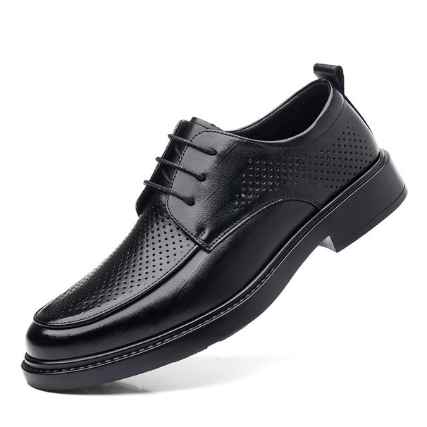 Men's Breathable Leather Low-top Casual Shoes With Hollow-out Design And Lace-up Comfort Style_vogvips.com