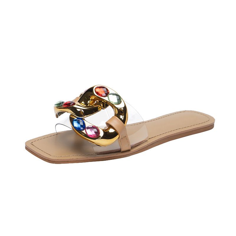 Slides Cross Border New Candy Colored Rhinestone Flat Women S Sandals Fashion Metal Buckle Transparent Slippers Female_vogvips.com