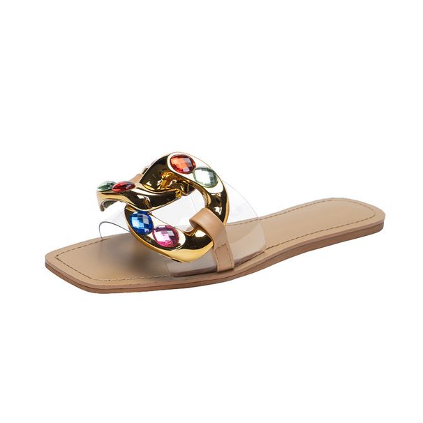 Slides Cross Border New Candy Colored Rhinestone Flat Women S Sandals Fashion Metal Buckle Transparent Slippers Female_vogvips.com
