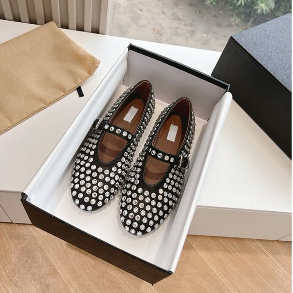 High Version 2024 Spring Mesh One Line Buckle Ballet Shoes Women's Rhinestone Flat Shoes Hollow Fishnet Mary Jane Single Shoes_vogvips.com