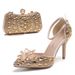Women's Shoes sandals with stilettos and pointed toes, crystal glass flowers, champagne gold, banquet evening bag combination women's shoes_vogvips.com
