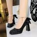 9983-H78TP French Bow Pearl Chain Strap High Square Heads Waterproof Platform Thick Heels Sparkling Single Shoes_vogvips.com