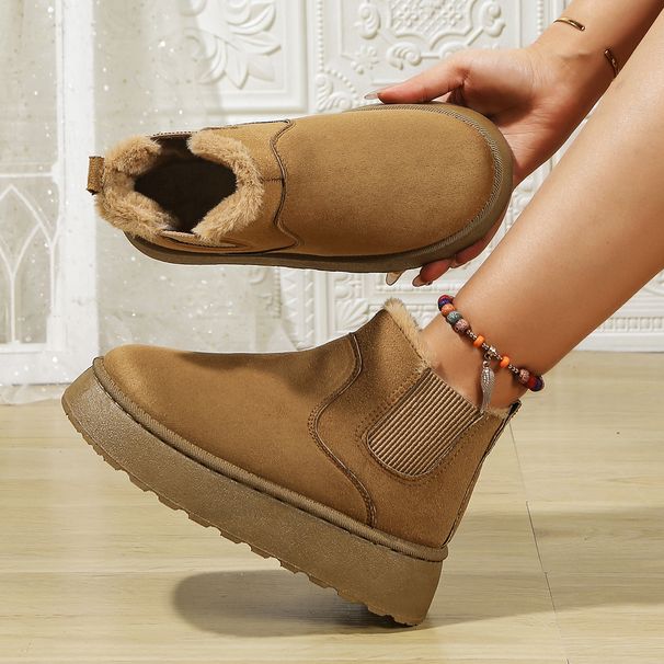 Women's Winter Warm Snow Boots Fleece Lined Thick Cotton Leather Fur Integrated Thick Soled Short Plus Size Elastic Band Shoes_vogvips.com