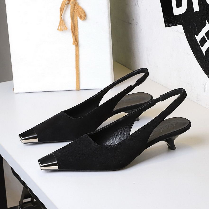 Metal Pointed Suede Women's Shoes Shallow Mouth Back Strap Low Heel Single Shoes Women's Wine Glass And Empty Shoes_vogvips.com