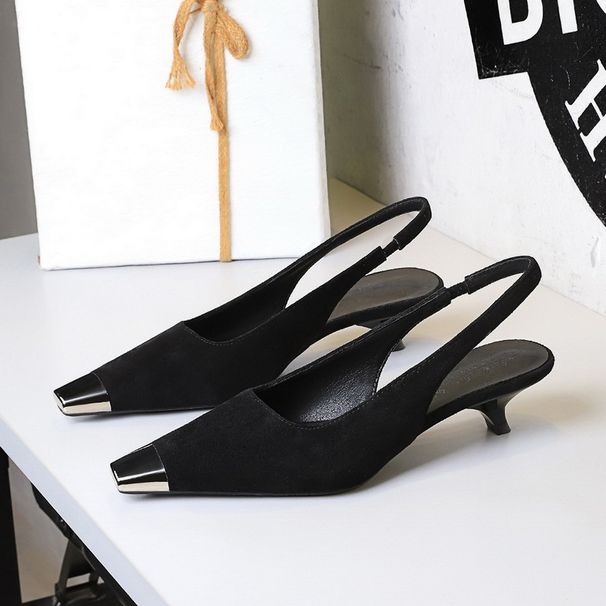 Metal Pointed Suede Women's Shoes Shallow Mouth Back Strap Low Heel Single Shoes Women's Wine Glass And Empty Shoes_vogvips.com