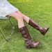 Leather Brown Thick Heeled Western Cowboy With Belt Buckle Not Over The Knee, Long Tube Miu Home Boots, Knight Boots_vogvips.com