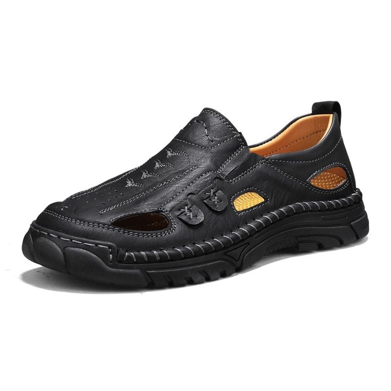 Fashion Men's Retro Casual Leather Vintage Sandals Comfortable Outdoor Walking Shoes Beach Flats Hollow Out Man Sneakers_vogvips.com