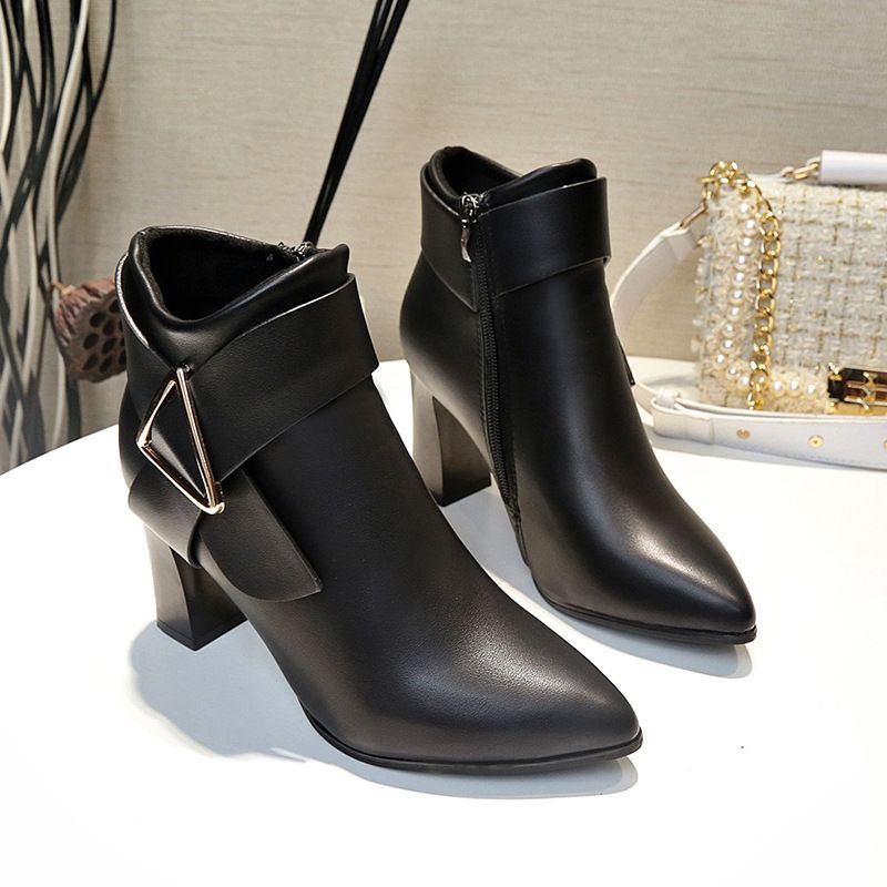 autumn And Winter New Pointy Short Boots Metal Decorative Side Zipper Thick Heels For Women A Piece_vogvips.com