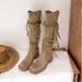 Cowhide Version~ Wasteland Tassel Knight Thick Heel Over-the-Knee Long Slimming Pile Mid-Calf Boots For Women_vogvips.com