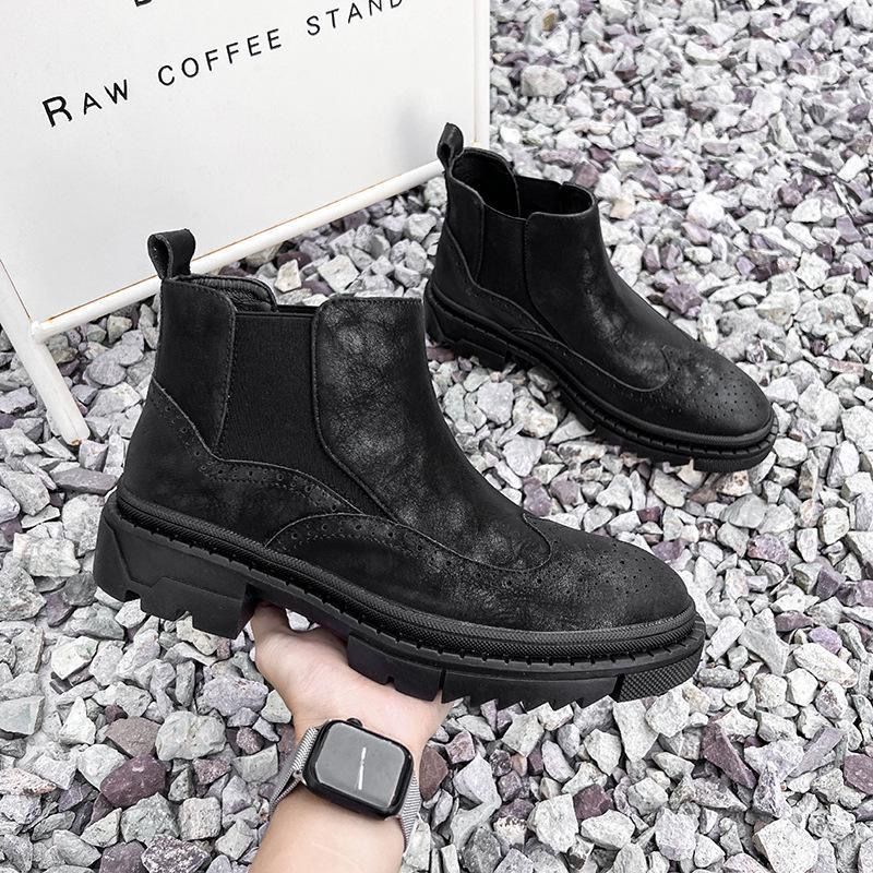 Brock Chelsea Boots Men's Genuine Leather Martin Boots High-top Leather Shoes Thick-soled Heightening Style Retro Zhongbang Short Boots_vogvips.com