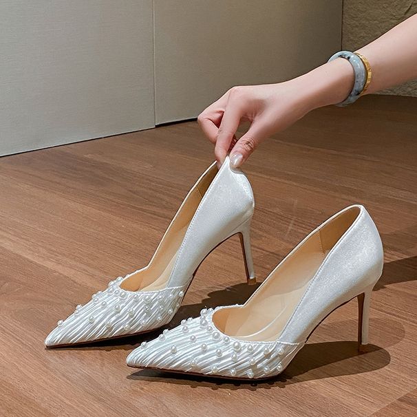 Women S Elegant Pearl Embellished Pointed Toe Stiletto Heels Satin Dress Pumps For Party Evening Occasions Low Cut Shoes_vogvips.com