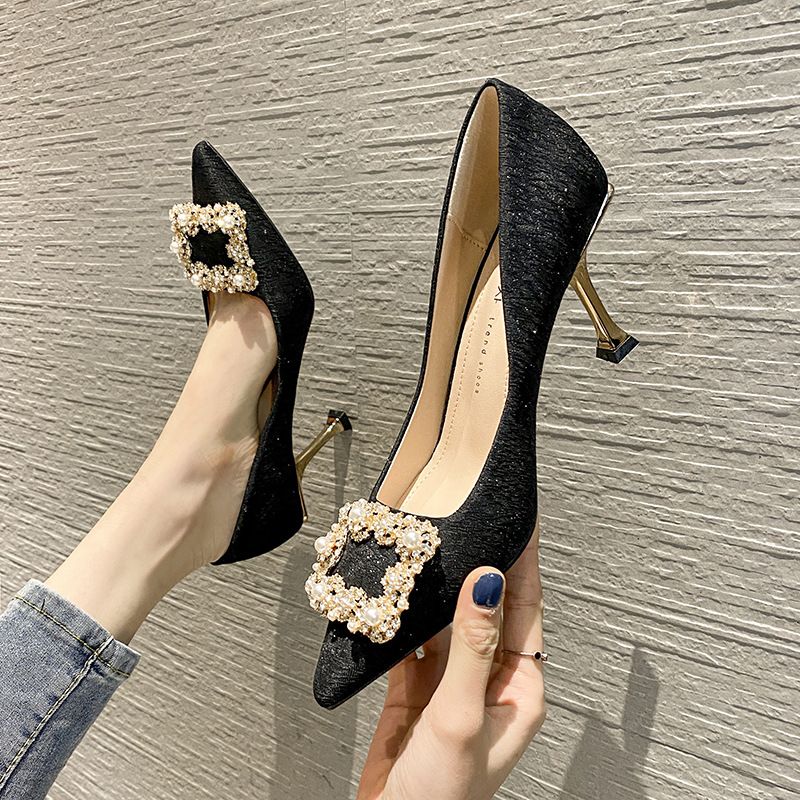 H876-78 Internet Celebrity High Heels New Pointed Toe Shallow Mouth Women's Commuting Rhinestone Elegant Korean Style_vogvips.com