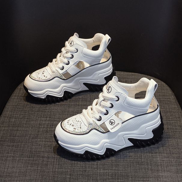 Leather Belt Drill Hollow Dad Shoes Women's Lightweight Inner Height Increase Casual Sports Shoes Platform Sandals_vogvips.com