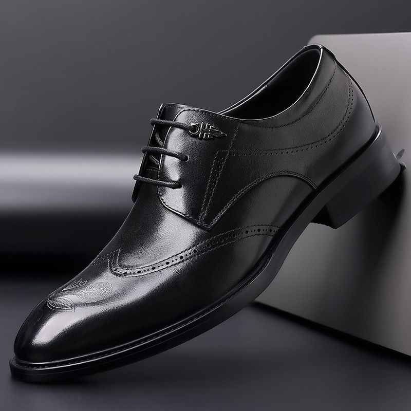 Euro Step New Brogue Carved Pattern Trendy Casual Men's Pointed Toe Genuine Leather Black Business Wedding Shoes_vogvips.com