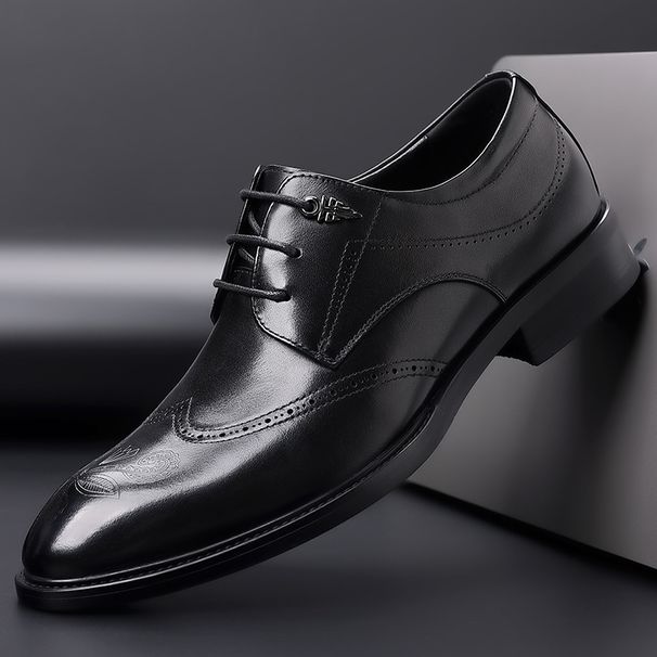 Euro Step New Brogue Carved Pattern Trendy Casual Men's Pointed Toe Genuine Leather Black Business Wedding Shoes_vogvips.com