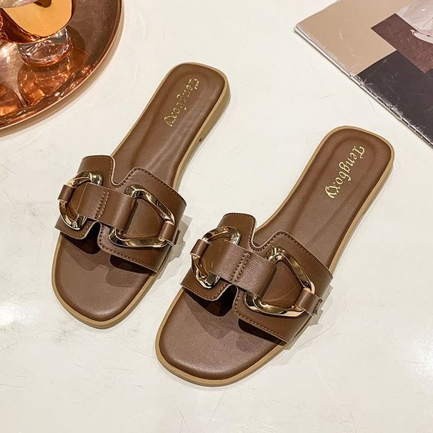 Women's Plus Size Slippers Summer Wear Metal Buckle Soft Sole One Strap Square Toe Sandals_vogvips.com