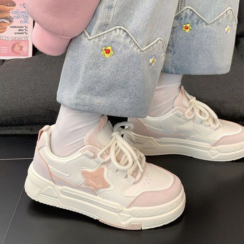 Popular Star-patterned White Sneakers Women, 2026 New Model, Versatile Breathable, Spring And Autumn Thick-soled Casual_vogvips.com