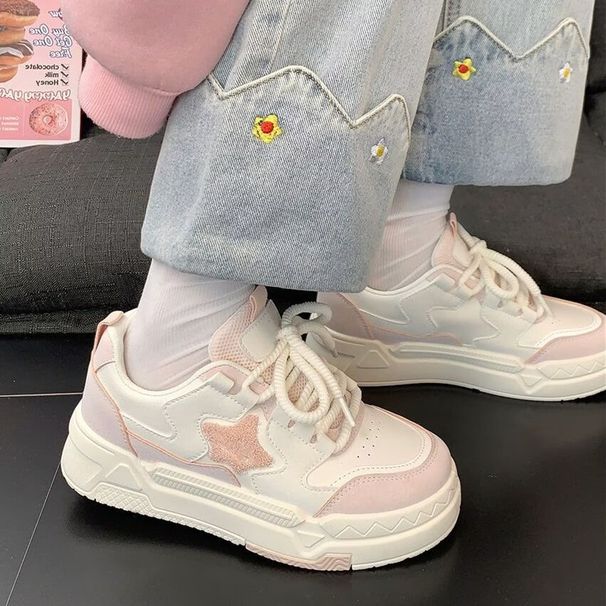 Popular Star-patterned White Sneakers Women, 2026 New Model, Versatile Breathable, Spring And Autumn Thick-soled Casual_vogvips.com