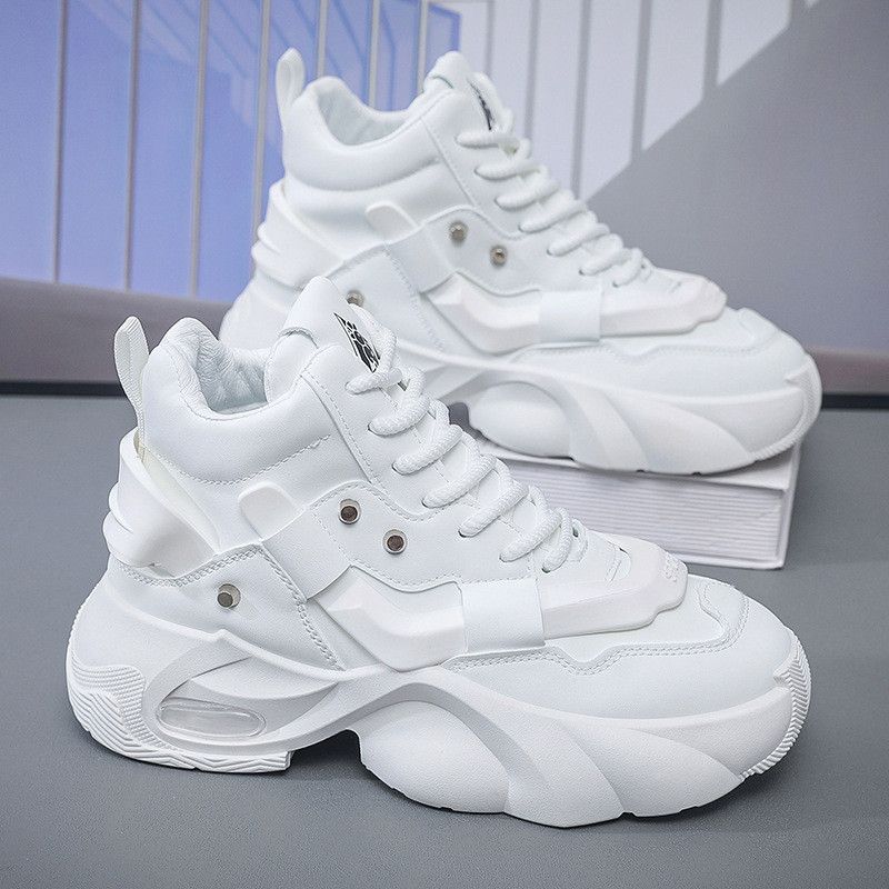 Men's Casual Sneakers With Hidden Height Increase, Chunky Dad Shoes For Everyday Wear, Round Toe, Breathable Mesh Lining, Synthetic Leather Upper_vogvips.com