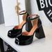 Waterproof Table High Heels Thick Heel Super High Heel Round Head Shallow Mouth Hollow Glossy Patent Leather One-word Buckle Sandals_vogvips.com