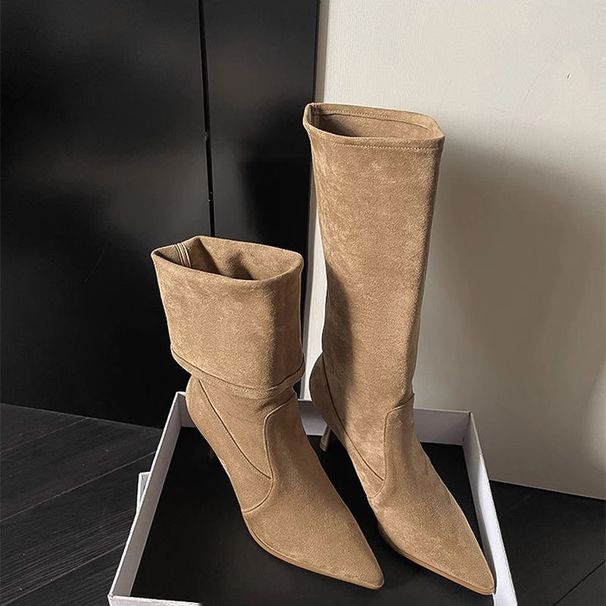 Women's Stacked Heel Western Boots - Mid Calf Cowboy Boots With Pointed Toe & Stitching Detail, Slenderizing Fashion Boots In Beige/Black"_vogvips.com