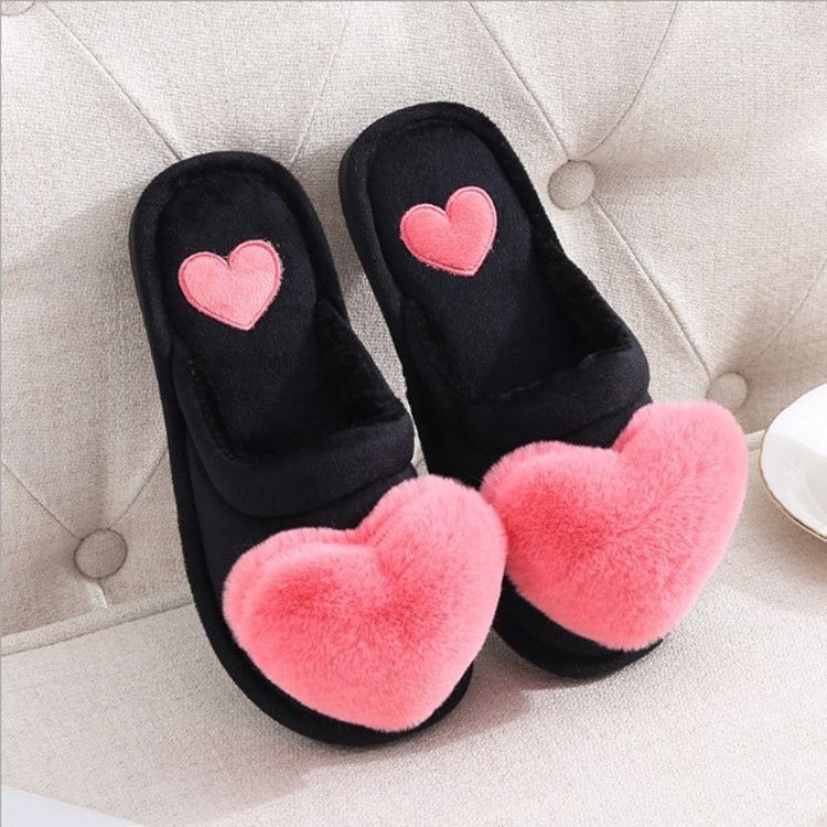 Autumn Winter New Big Heart Women's Warm Non-Slip Thick Sole Indoor Fashion Cute Fabric Cotton Slippers_vogvips.com