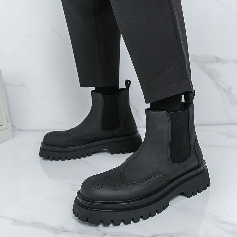 Men's High-top Martin British-style Short Winter Men's Shoes, Vintage Brogue Boots, Thick-soled Slip-on Chelsea Boots_vogvips.com