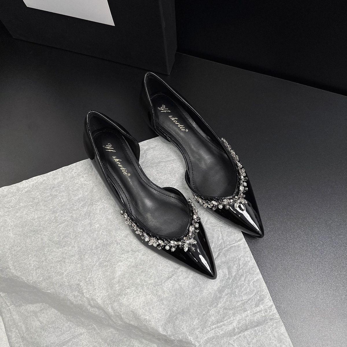 Women's Retro Slip-On Heel Sandals Rhinestone Pointed Toe Open Sides 4 Cm Height Increase Summer Women's Ballet Flats_vogvips.com