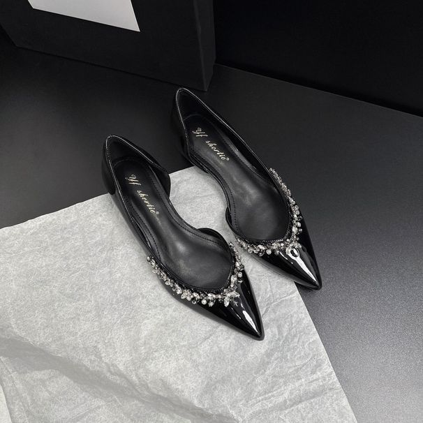 Women's Retro Slip-On Heel Sandals Rhinestone Pointed Toe Open Sides 4 Cm Height Increase Summer Women's Ballet Flats_vogvips.com
