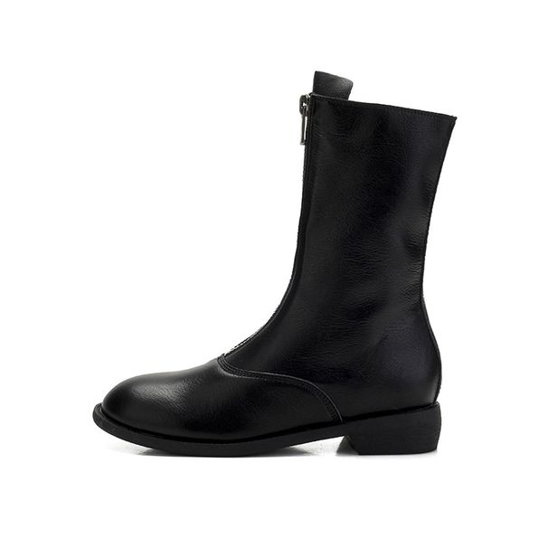 Women's Short Winter 2024 New Style Round Toe Front Zipper Mid-Calf Thin Ghost Emperor Chunky Heel Martin Boots_vogvips.com