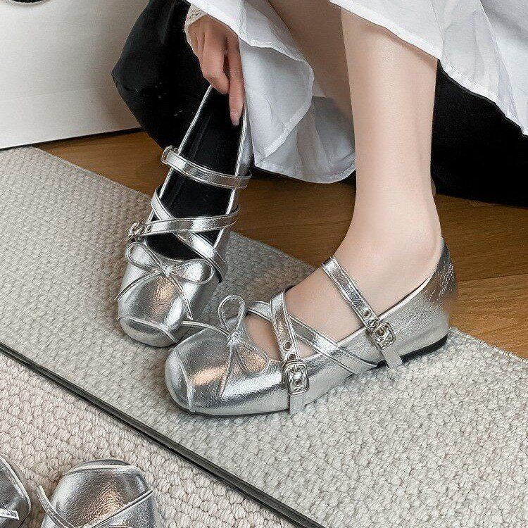 Genuine French Style Height-increasing Ballet Flats For Women, 2026 Spring New Model, Cross-strap Bow Mary Jane Leather_vogvips.com