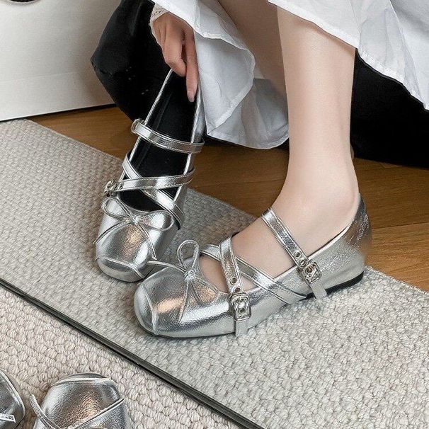 Genuine French Style Height-increasing Ballet Flats For Women, 2026 Spring New Model, Cross-strap Bow Mary Jane Leather_vogvips.com