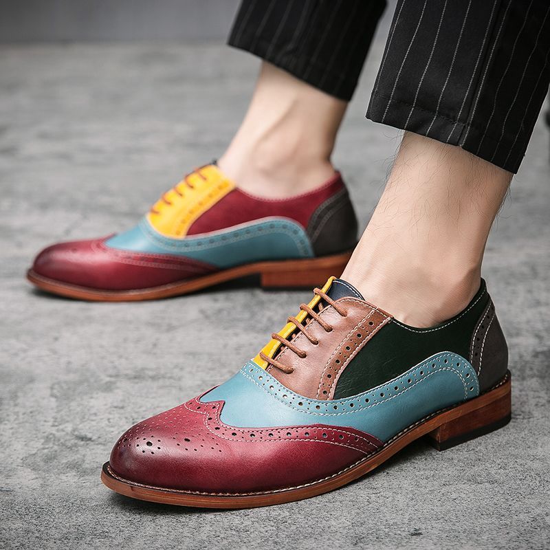 Men's Business Formal Wear, Brogue Carved British Style, Color-blocked, Height-increasing Leather Shoes For Grooms And_vogvips.com