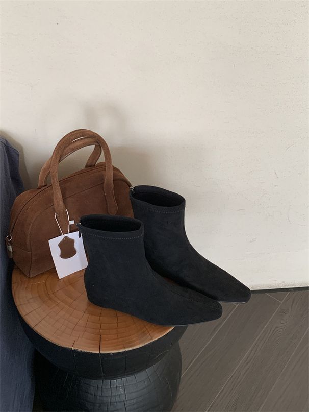Inner Height Increase Suede Square Toe Short For Women 2024 Autumn Winter New Style Elegant Versatile Women's Wedge Heel_vogvips.com