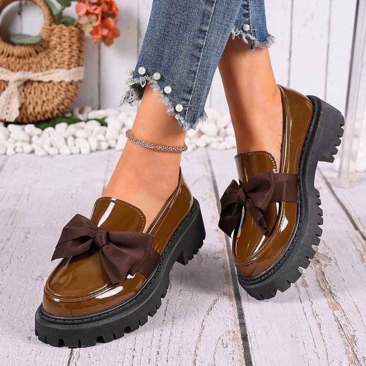Women's Plus Size Loafers Spring Autumn Bow Tie Thick Soled Leather Retro Single Shoes_vogvips.com
