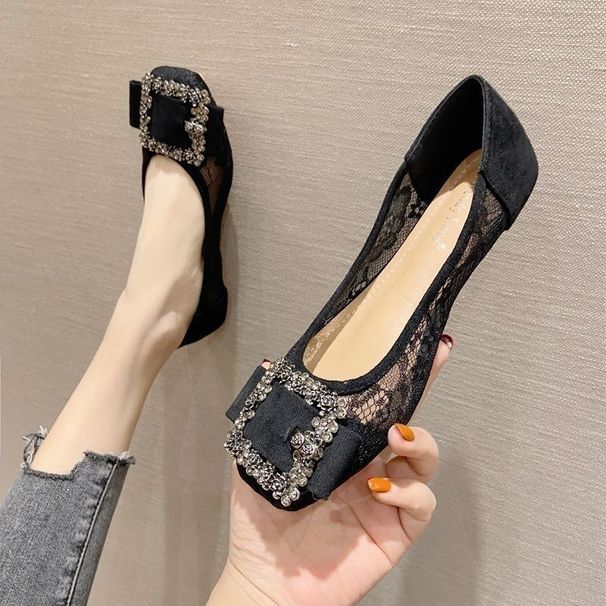 Lace Mesh Breathable Flat For Women 2025 Summer Square Toe Rhinestone Shallow Mouth Maternity Work Office Boat Shoes_vogvips.com
