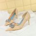 High heels thin heels shallow mouth pointed side hollowed out cloth metal rhinrhinee bow buckle single shoes_vogvips.com