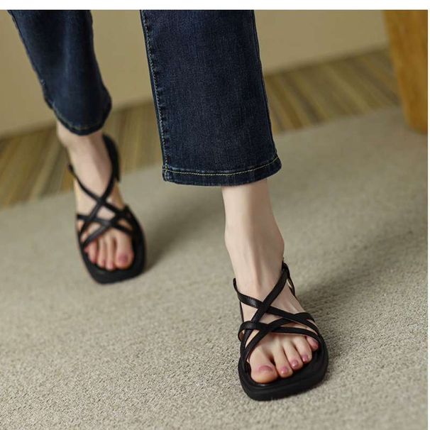 Makes Feet Look Fair~conceals Imperfections~brown Retro Woven Roman Sandals 2025 Summer Soft-soled Flat Large Size_vogvips.com