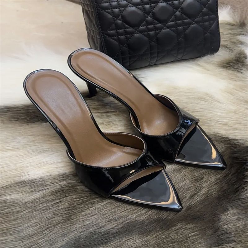 New Open-Toe Pointed Toe Patent Leather Stiletto Heel One-Strap Sandals For Women Summer Sexy Black Vacation Outdoor_vogvips.com