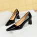 6186-1 Style Fashionable And Minimalist High Thick Heels, Shallow Mouth Square Head, Shiny Lacquer Leather Commuter_vogvips.com